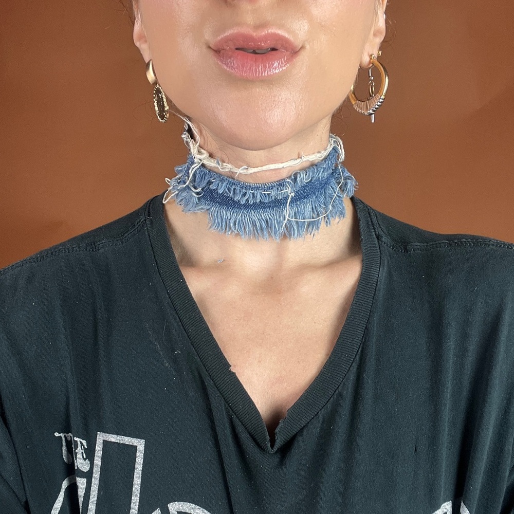 Distressed Dark Denim Reversible Choker Necklace with Leather Tie